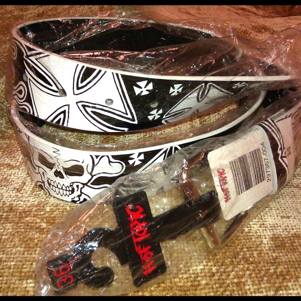 Hot Topic Belt Size 36 Black White Iron Cross Flames Tattoo Deadstock NWT Y2K